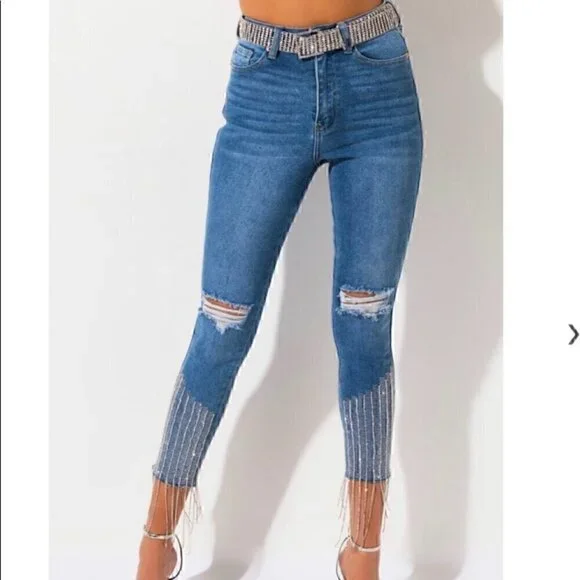 EUC - AKIRA Label Too Good High Waisted Rhinestone Fringe Skinny Jeans - Size 13 - Picture 2 of 15